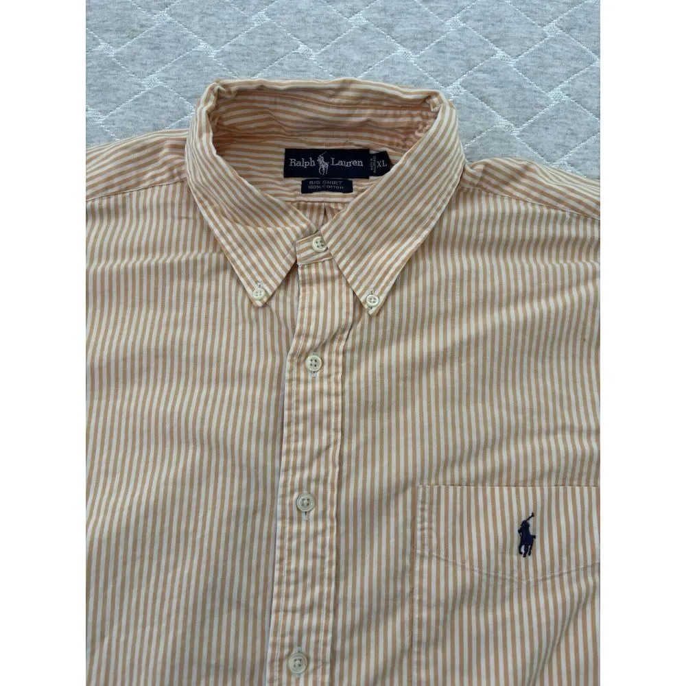 Ralph Lauren Big Shirt Mens XL Two Ply Cotton Short Sleeve Striped Orange Preppy